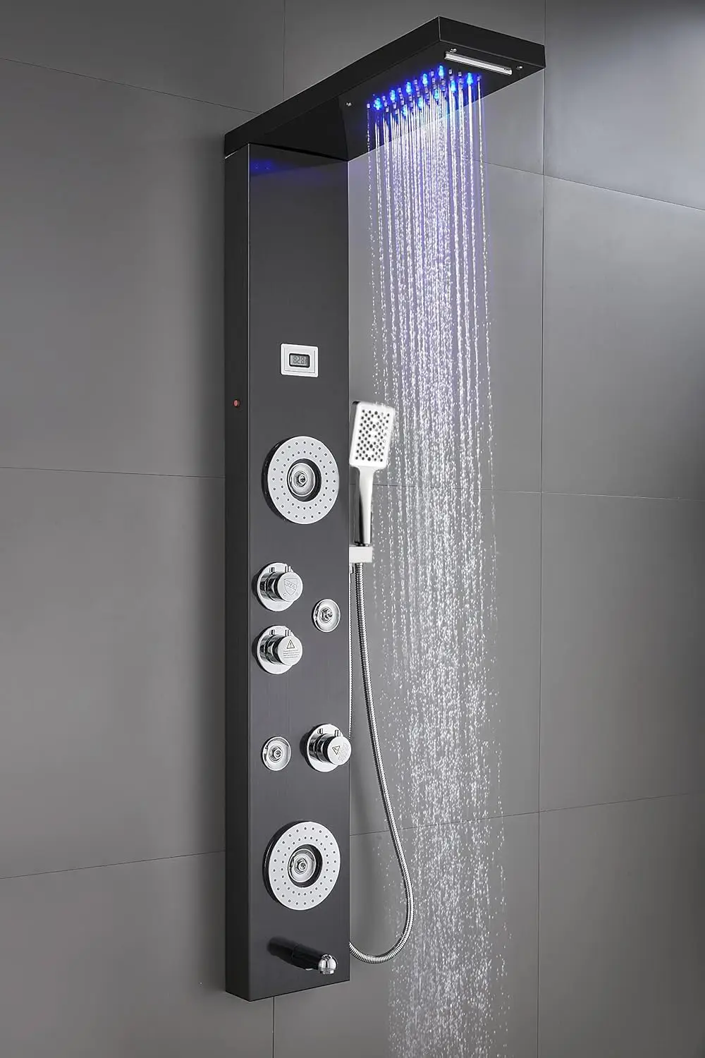 Stainless Steel Shower Panel Tower System,LED Shower Head 6-Function Faucet Rain Massage System with Body Jets, Black