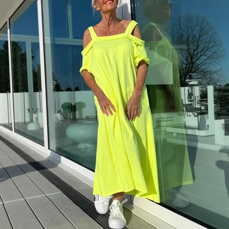 Sommer schulterfrei, einfarbig, lässig, lockeres Maxikleid, 2025, Blumenmuster, kurzärmelig, A-Linie, Pulloverkleid, Streetwear, Strandkleider