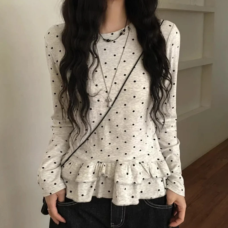 New Women Polka Dot Round Neck Ruffle Trim Long Sleeve T Shirt Playful Ballet Style Loose Elegant Casual Versatile Basic Tops