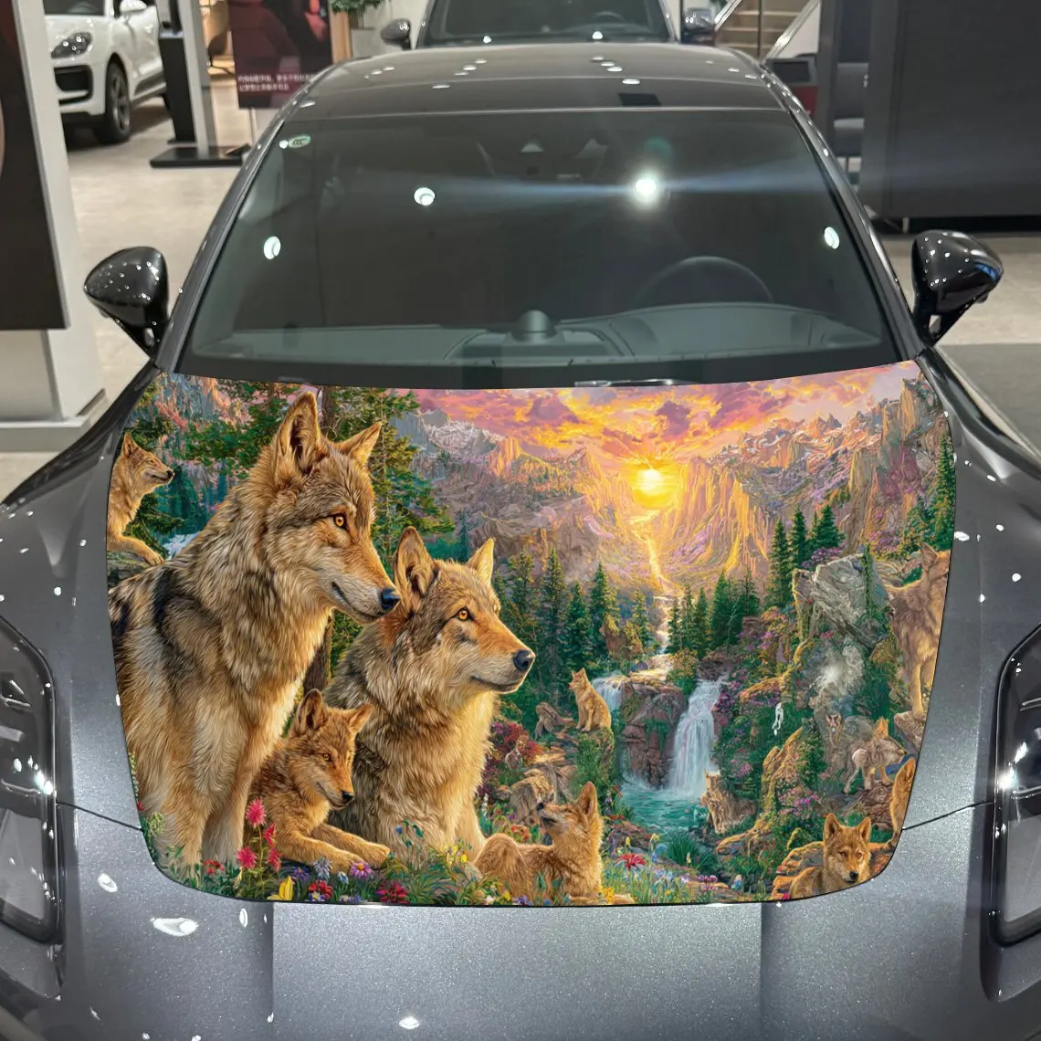 Wolf Mountain Falls Dominance Scene PVC Car Hood Wraps, Self-Adhesive Waterproof Car Bonnet Decal Sticker, Car Decoration Protec