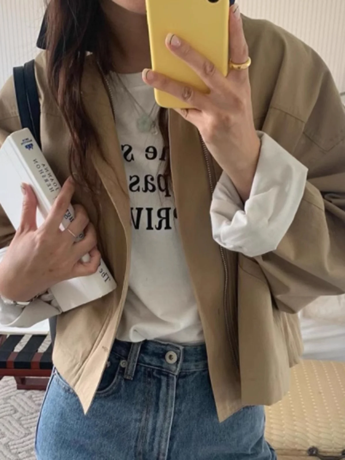 Retro Color Block  Collar Short Loose Women's Jacket Long Sleeve Autumn Winter Commute Style Workwear Coat Top
