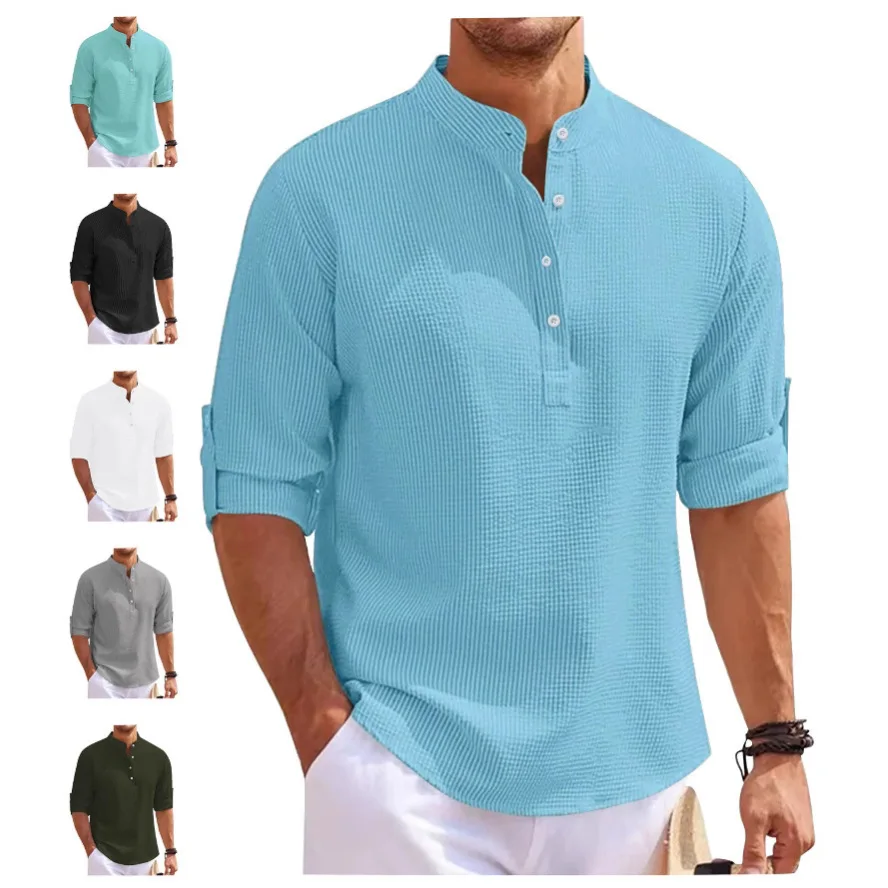 Men's Waffle Knit Henley Shirt Stand Collar Half Button Long Sleeve Roll‑up Cuff Casual Summer Tops