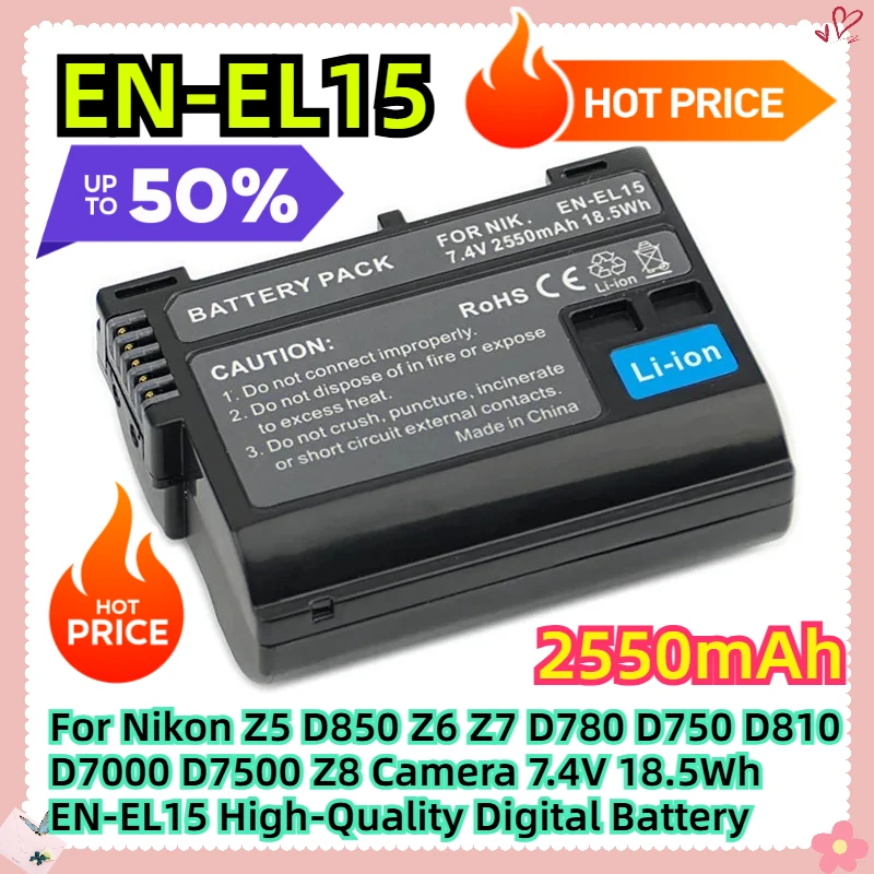 

For Nikon Z5 D850 Z6 Z7 D780 D750 D810 D7000 D7500 Z8 Camera 7.4V 2550mAh 18.5Wh EN-EL15 High-Quality Digital Battery