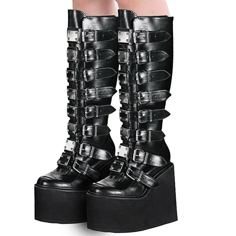 Brand Design Female Wedges High Heels Thigh High Boots Fashion Black Platform Boots Women 2024 Gothic Cosplay Shoes Woman