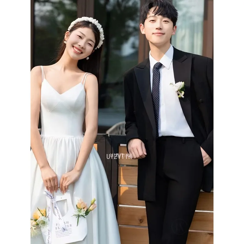 Prosta suknia ślubna bez ramiączek dla kobiet zdjęcia ślubne strzelać na zewnątrz 2025 Korea trawnik linia A satynowa tkanina letnia suknia ślubna