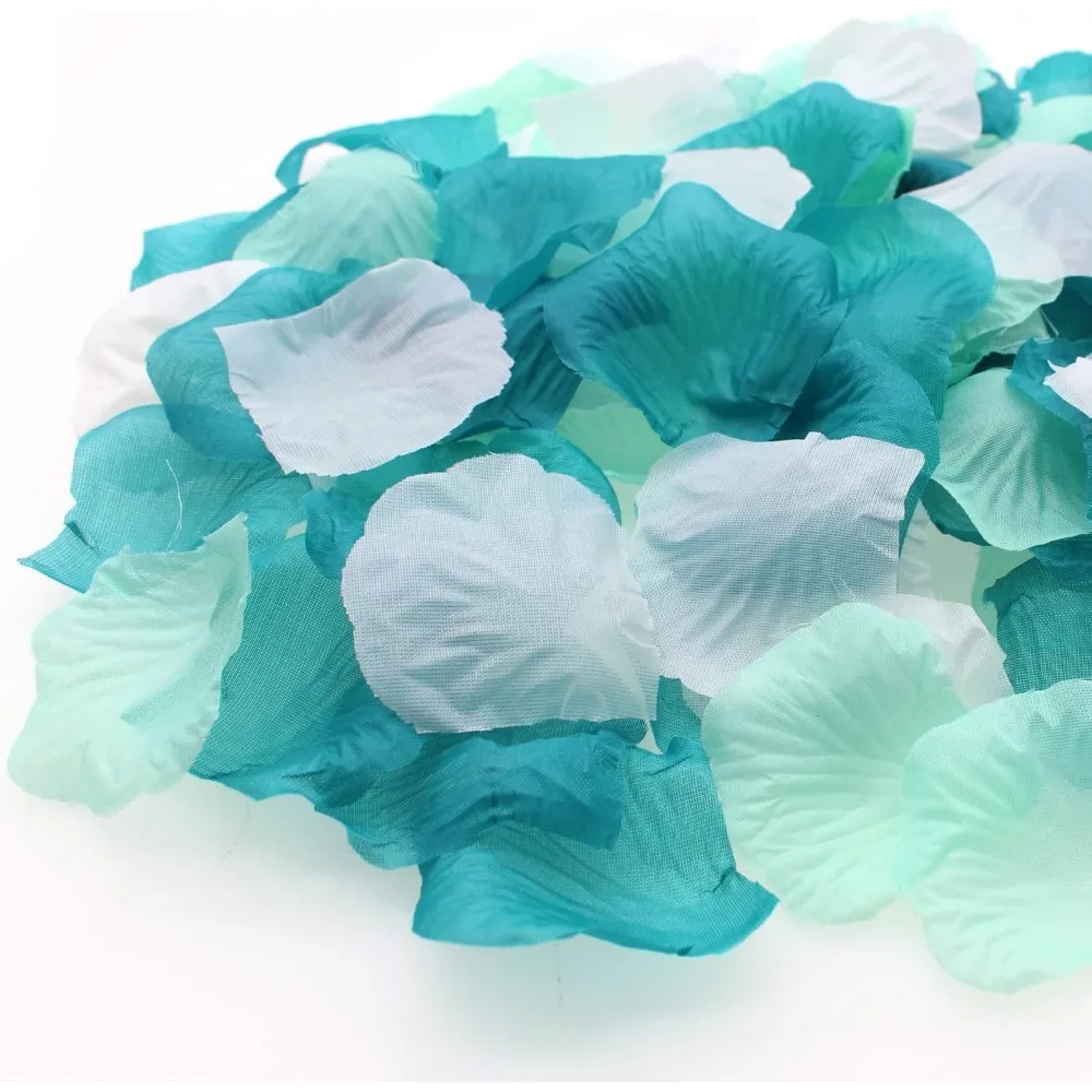 900PCS Teal Mint White Mixed Silk Rose Flower Petals Table Confetti Sprinkles Mermaid Beach Party Wedding Baby Shower Centerpiec