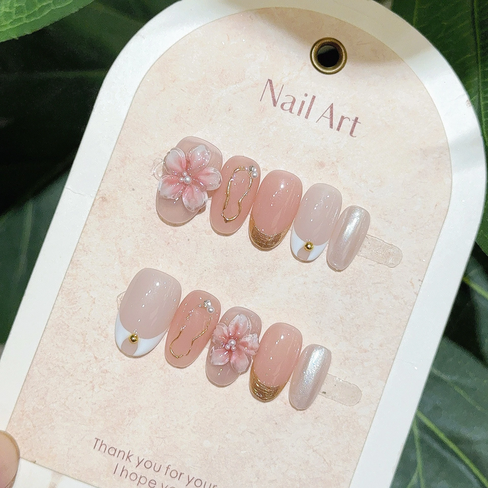 

10Pcs 3D Flower False Nails Gold Lines Press on Nails Short Almond Nail Art French Sweet Fake Nails Sweet Bowknot Pearl Nail Tip