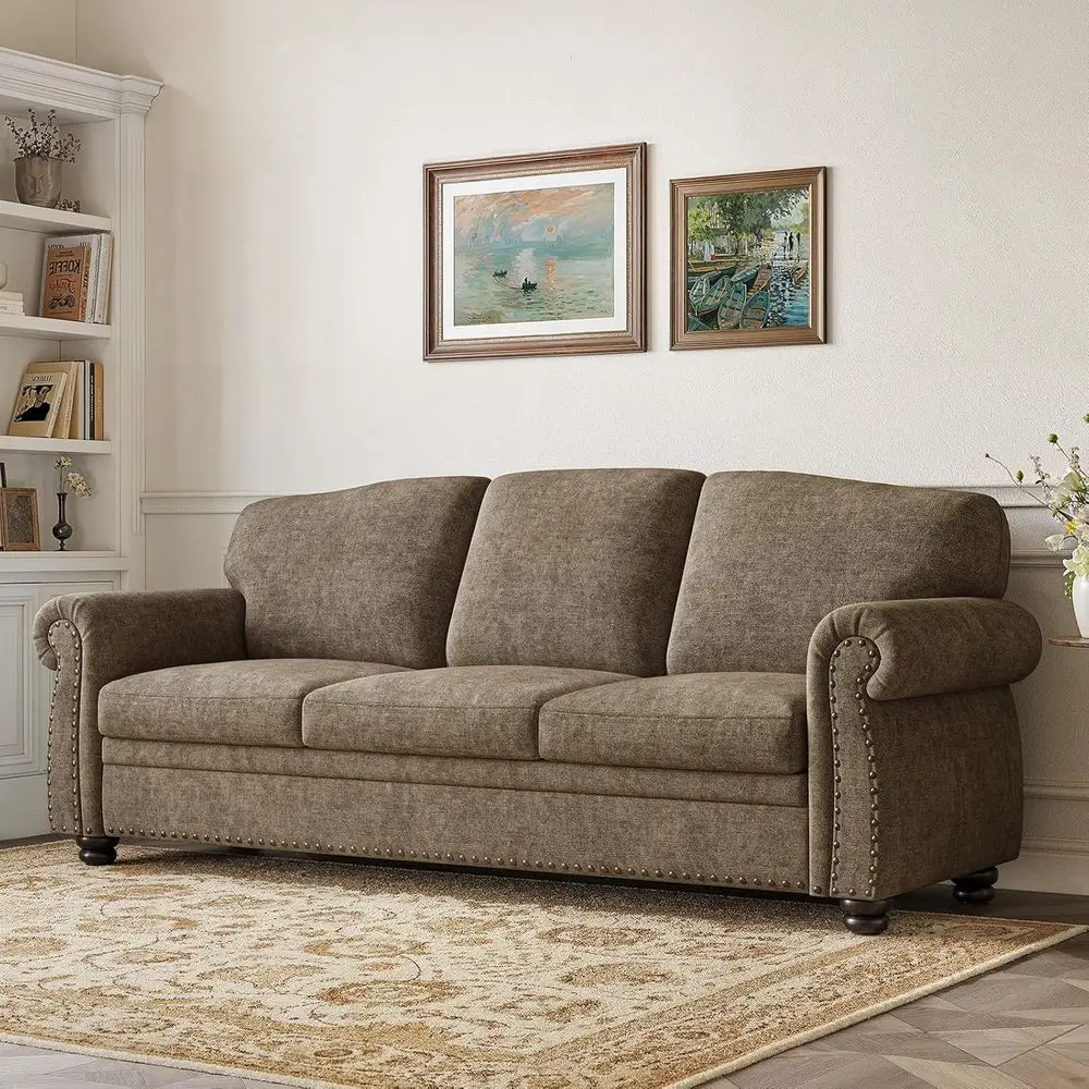 90 أريكة شانيل 3 مقاعد مع 23 مقعدًا عميقًا، أذرع ملفوفة، أرجل خشبية، طراز تقليدي، بني