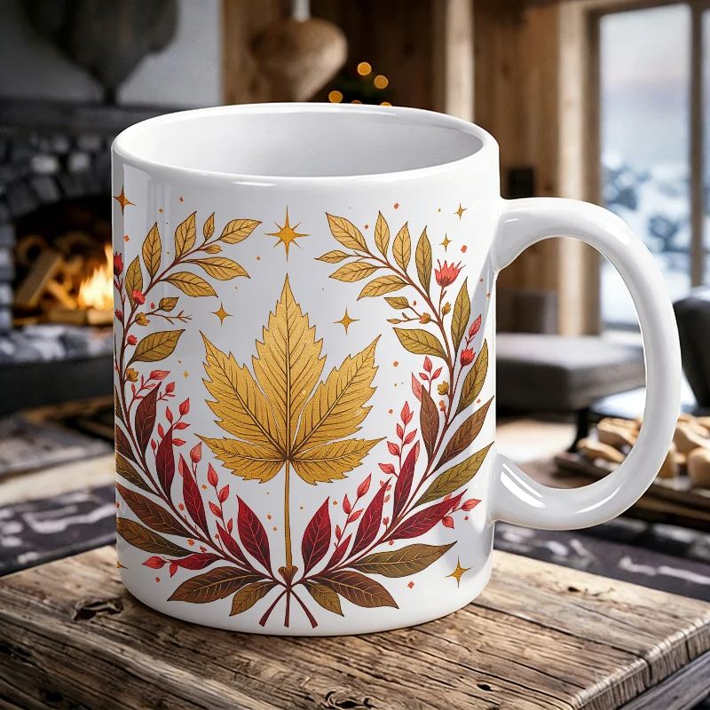 

11oz Autumn Maple Leaf Botanical Ceramic Mug, Warm Fall Foliage Design Coffee Cup, Milk Cup, Office Tea Cup, Gift for Friends