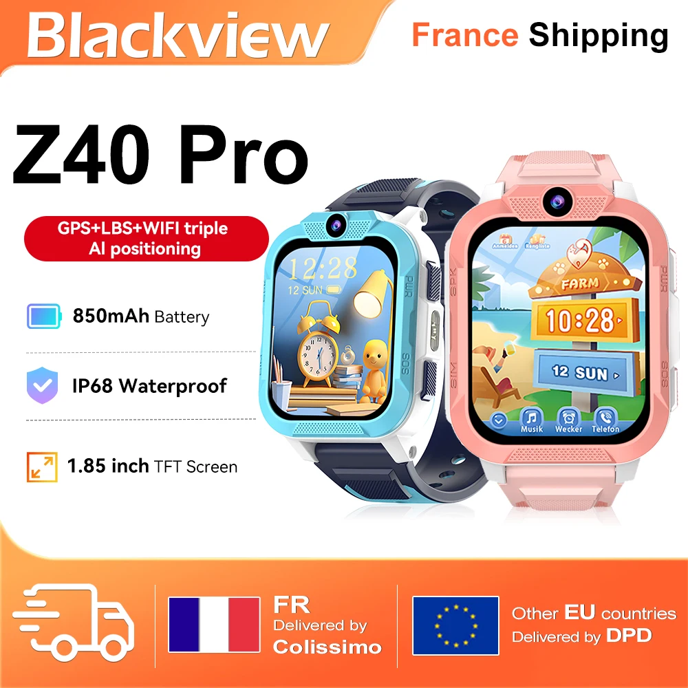Blackview Z40 Pro Kinder-Smartwatch, 4G-Videoanruf, LBS+WiFi+GPS, dreifache KI-Positionierung, 1,85-Zoll-TFT-Bildschirm, großer 850-mAh-Akku, LED-Beleuchtung, IP68 wasserdichte Smartwatch für Kinder