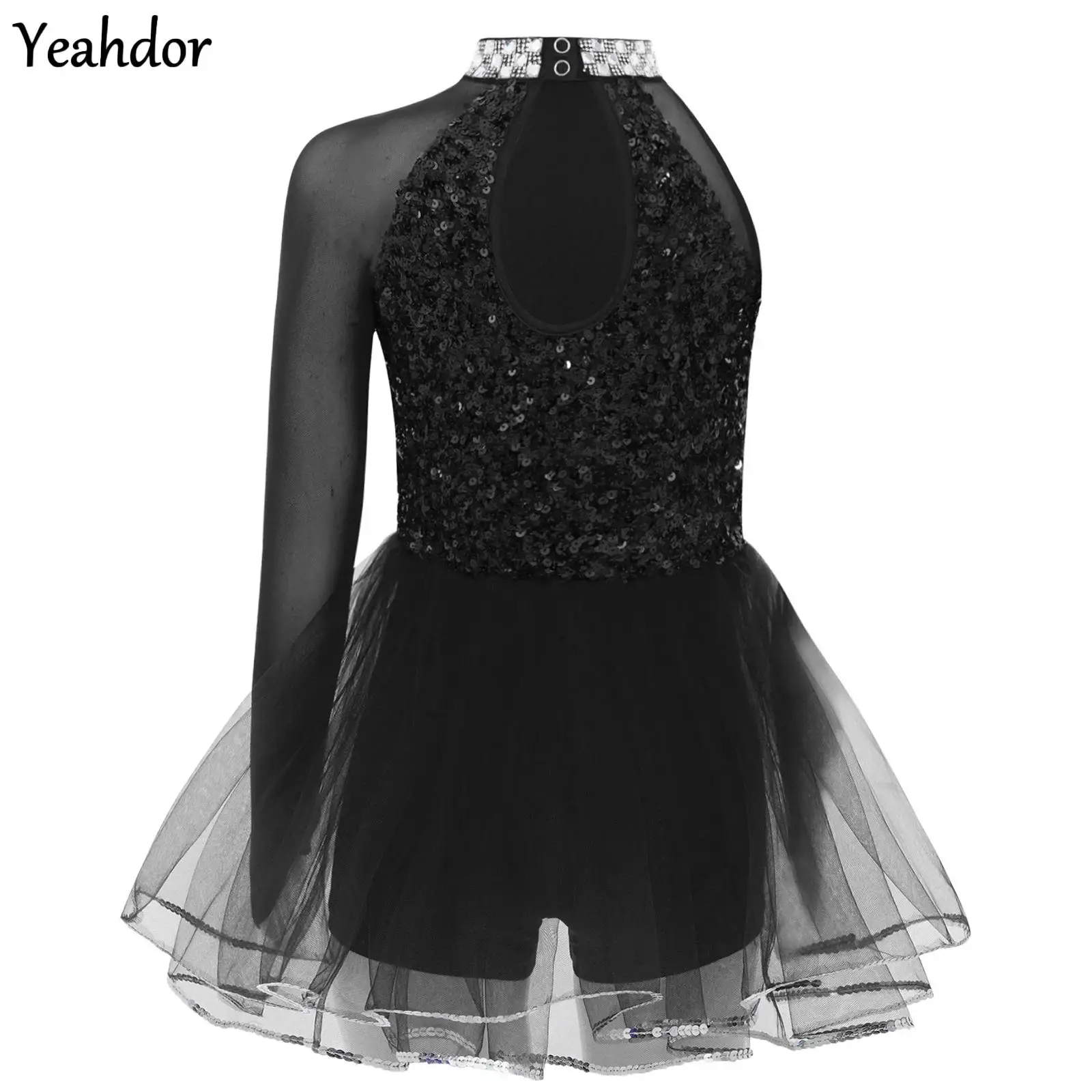 

Kids Girls Ballet Dance Leotard Figure Skating Gymnastics Jumpsuit Sequin Tulle Skirted Asymmetrical Bodysuit Jazz Dance Costume