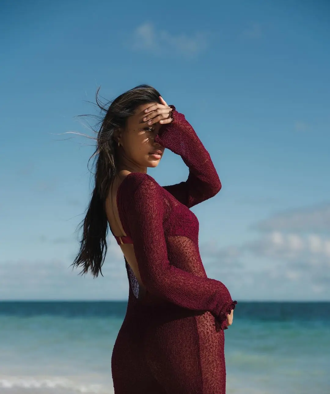 DSMTRC ยืดไวน์แดงแขนยาว Cover Up Beach Mini Dress ผู้หญิงฤดูร้อนเซ็กซี่ Sheer Backless บางถักชุด