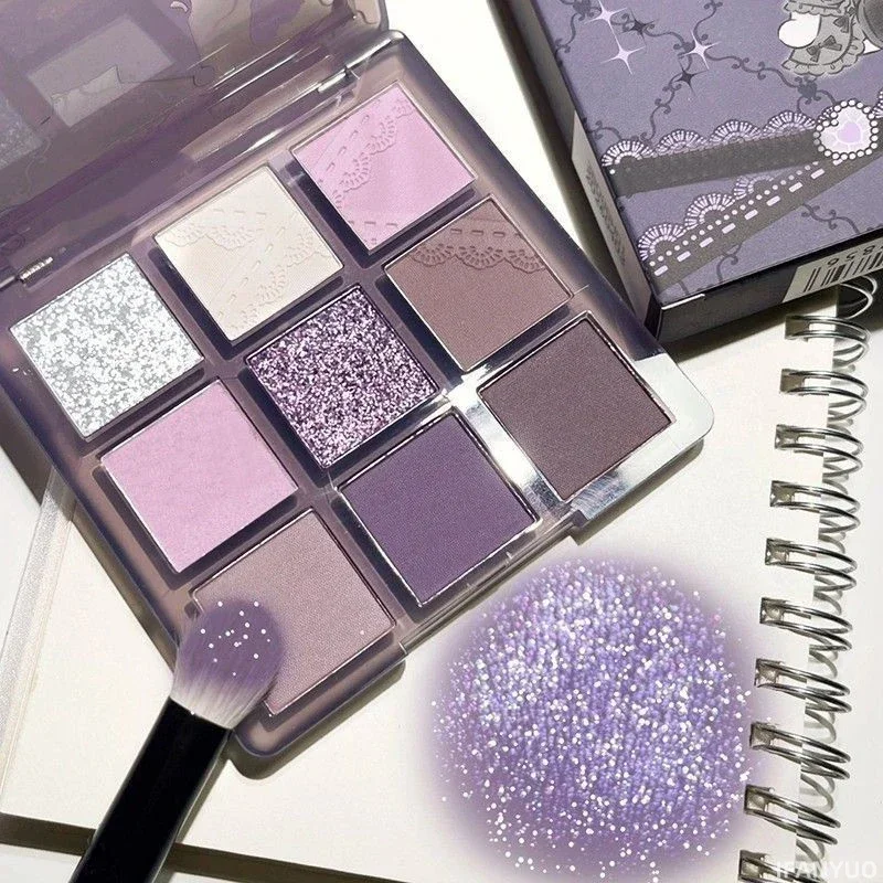 Paleta Matte Glitter Eyeshadow, Roxo, Violeta, Shimmer, Perolado, Matte, Sombras acrílicas, Maquiagem à prova d'água, 9 Cores, Novo