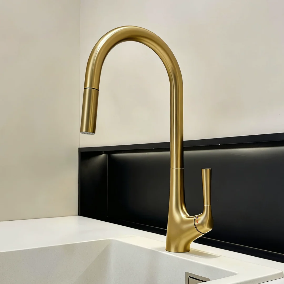 Brushed Gold  Pull Out Kitchen Faucet Tap Brass Crane For Kitchen Deck Mounted Red Sink Faucet Mixer Gray Kitchen Faucet