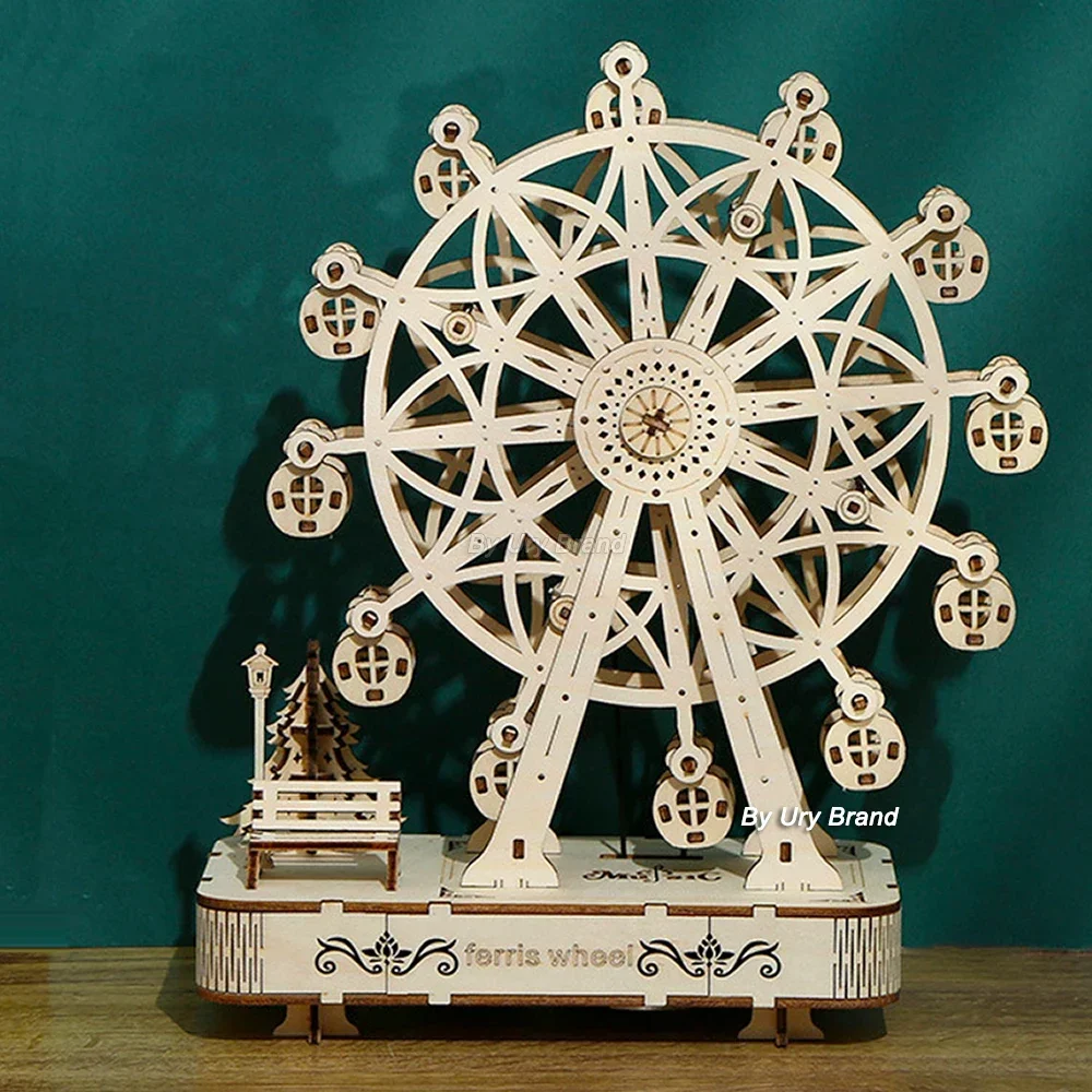 Rotatable DIY 3D Puzzles Ferris Wheel Music Octave Box Wooden Model Mechanical Kits Assembly Decor Toy Gift for Children Adult