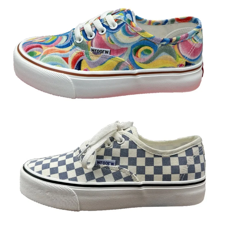 Flat Women Blue Checkered Canvas Sneakers Lace Up Girls Rainbow Canvas Shoes Students School Basic Plaid Casual Shoes 35-40