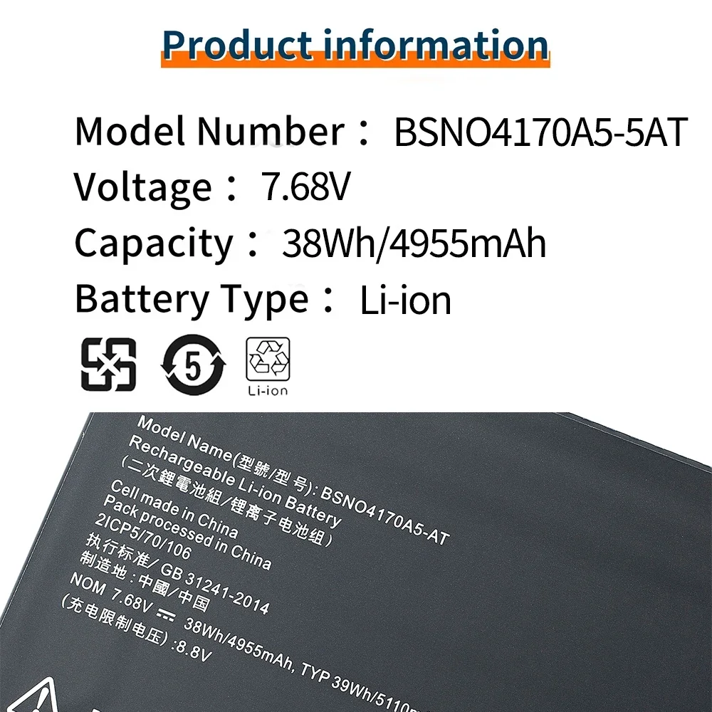 4955MAH BSNO4170A5-5AT for Lenovo Miix 510-12ISK 520-12IKB Laptop Battery BSNO4170A5-LH Computer Battery X520 38Wh 7.68V