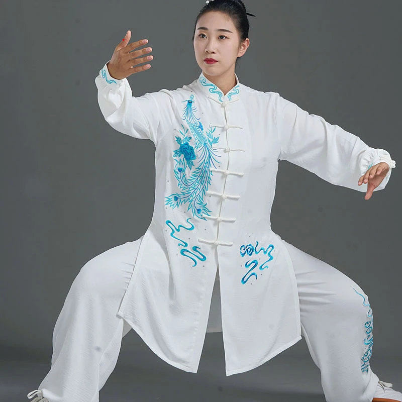 Custom White Phoenix Dance Tai Chi Suit, Lightweight Embroidered Tencel Linen for Spring/Summer Practice