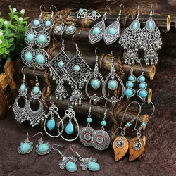Classic Ethnic Turquoises Water Drop Earrings 2024 New Bohemian Hollow Geometric Bells Tassel Earrings Vintage Party Jewelry