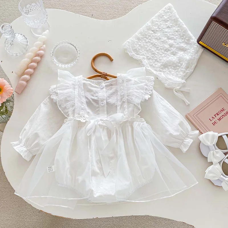 2024 New Spring Korean Style Climbing Suit Toddler Baby Girls Long Sleeved Romper+Hat+Mesh Dress Infant Baby Girls Jumpsuit