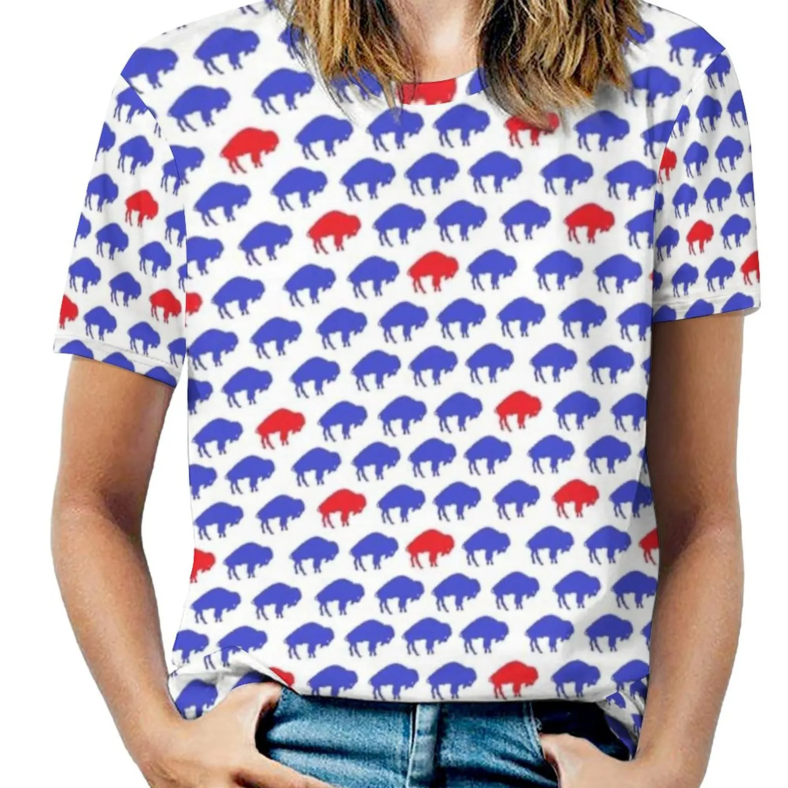 Blue Buffalo Herd-Buffalo Sports Women Zipper Sexy Printed Vintage T Shirts Tops Full Print T-Shirt Buffalo Herd Blue Red Bills