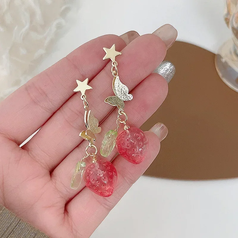 Simulation Resin Glass Fruit Drop Earrings Temperament Butterfly Long Pink Strawberry Earrings for Women Party Jewelry Wholesale