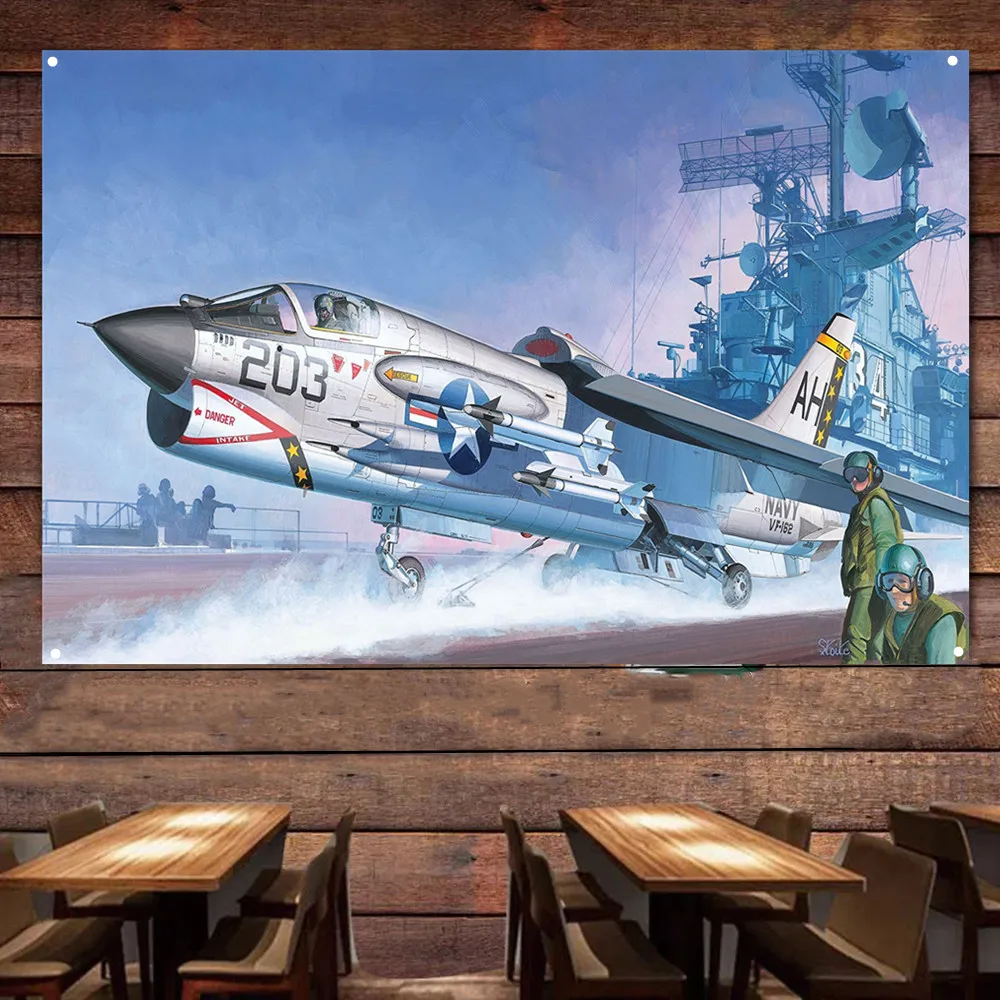 F-8E Crusader Fighter Jet Flag Hanging Banners U.S. Air Force Aviation Military Art Poster Wall Art Tapestry Home Decor Painting