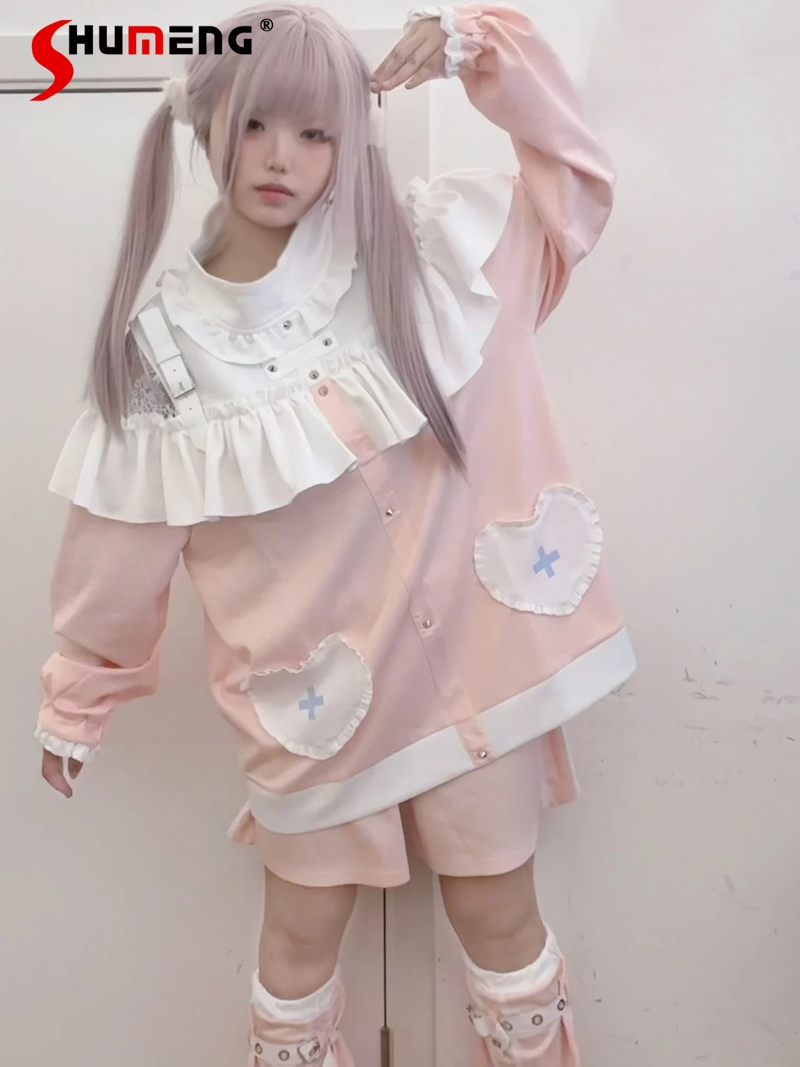 

Japanese Mine Style Mass-produced Sweet Subculture Lace Splicing Long Sleeve Heart Pocket Loose Casual Zipper Sweatshirts Women