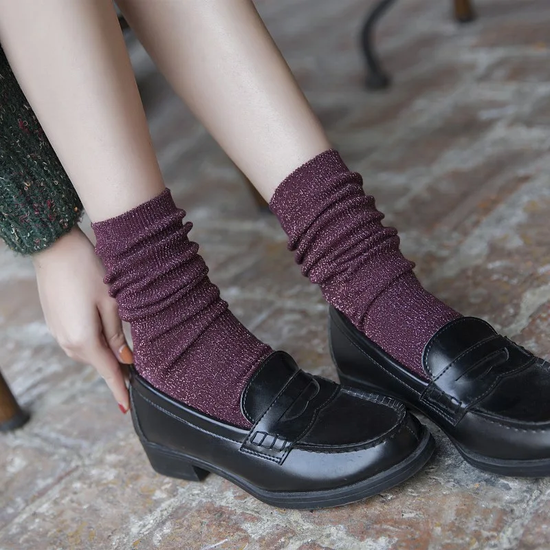 Minimalist Mid-Calf Socks, Korean Style Versatile Long Socks Ladies' Long Tube of Gold Wire Vertical Strips Piled Up Socks