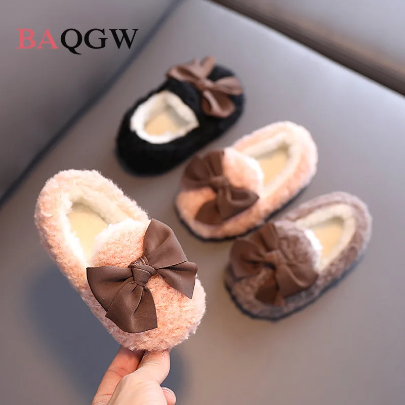 Cotton-Padded Warm Cotton Fur Fluffy Children Flats Kids Loafers Slip-on Sweet Princess Anti-slippery Bow Winter Girls Shoes