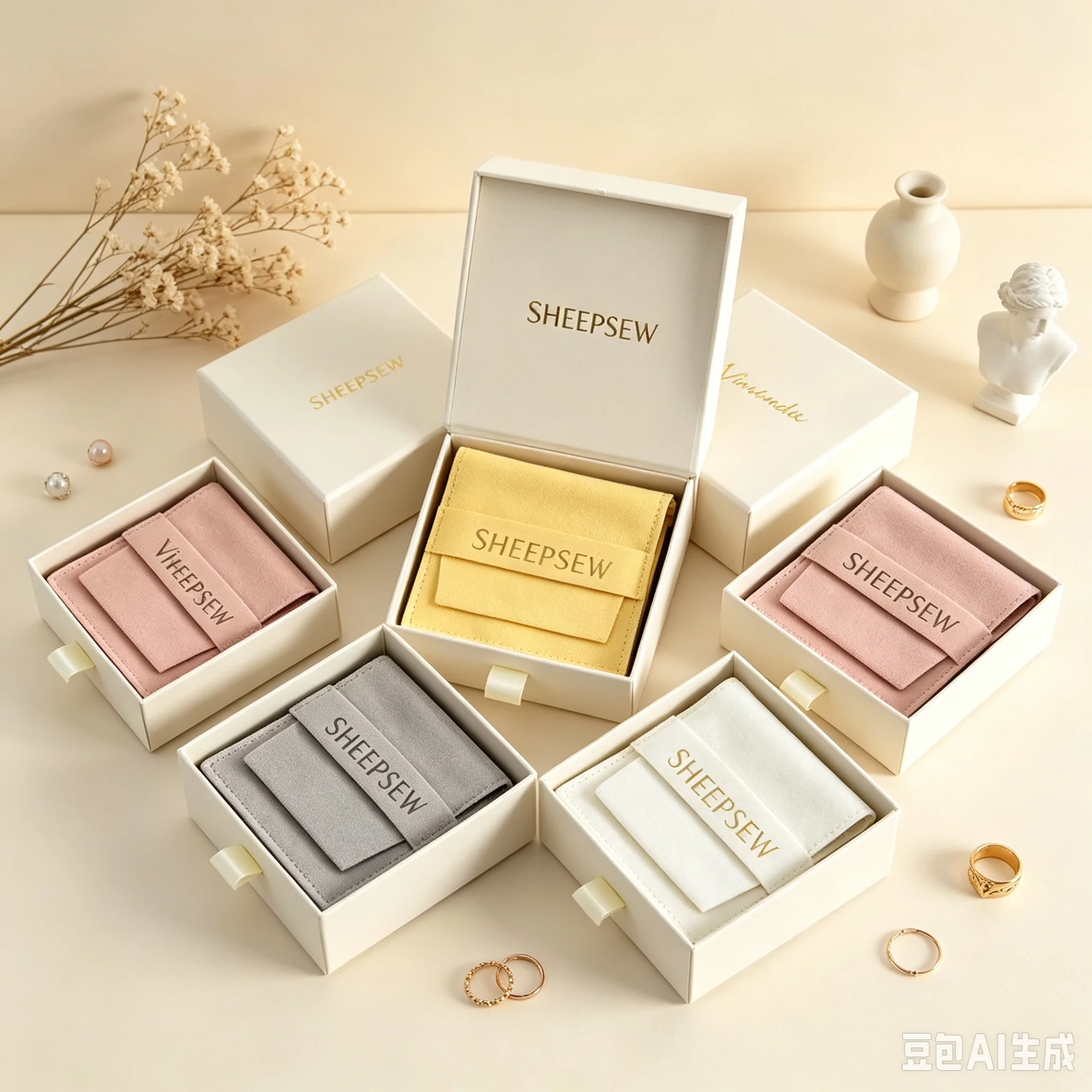 SHEEPSEW Custom Logo 9x9x3.2cm Beige Sliding Drawer Jewelry Box, 8x8cm Microfiber Bag, Personalized Paper Packaging Box for Earr