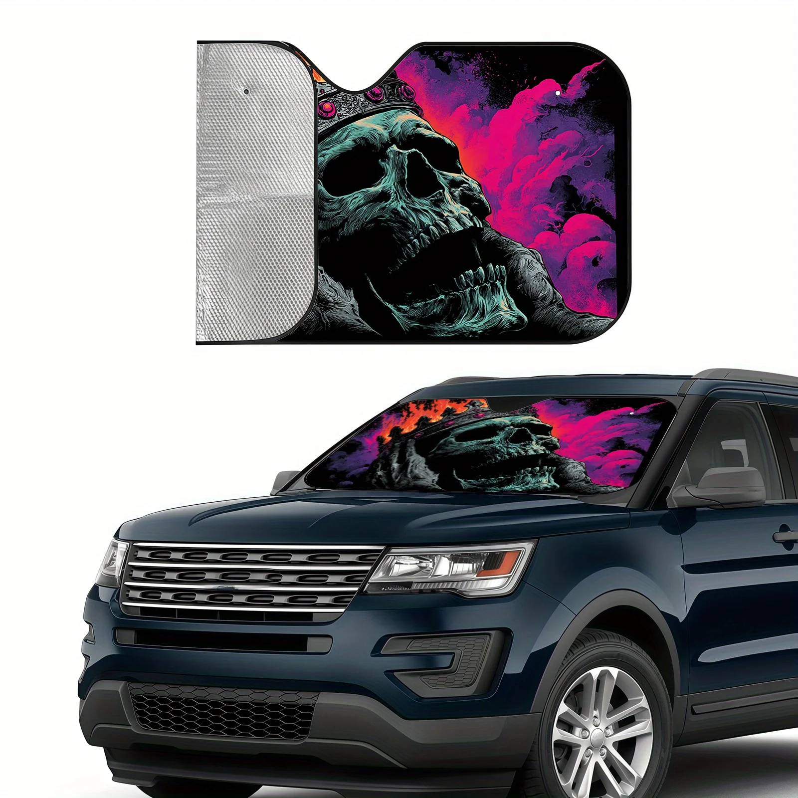 Flame Skull King Crown Car Sunshade - Universal Front Windshield Sun Protector With Easy-Click Clasps, Vibrant Purple & Orange D