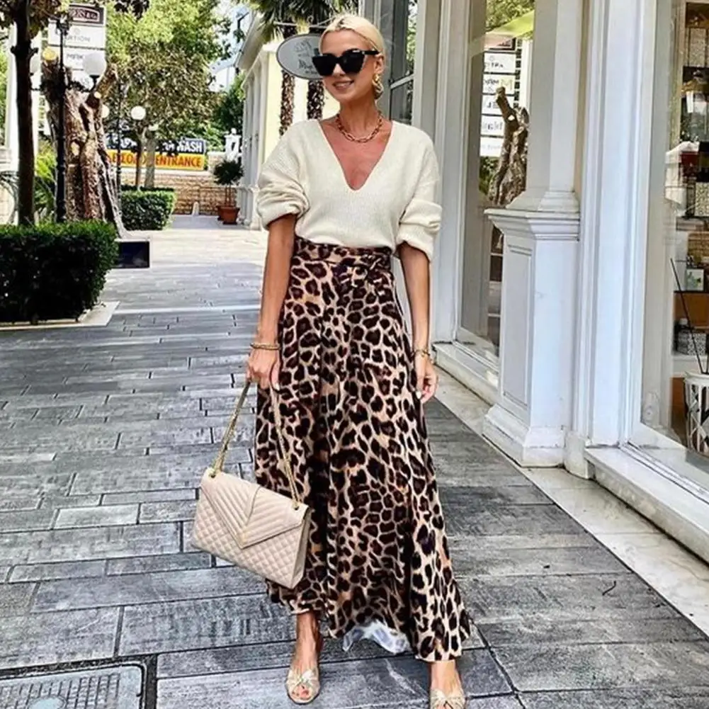 Spring Summer Maxi Skirt Leopard Print Maxi Skirt High-waist Flowy Hem with Belt Chic Commuting Style for Women