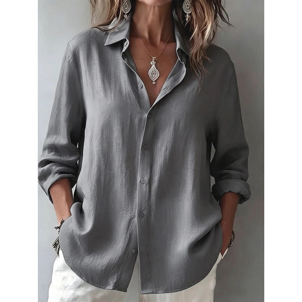Damen Baumwoll-Leinen-Hemd, Oversize, leicht, atmungsaktiv, einreihig, lässig, mit Umlegekragen, langen Ärmeln, klassische Bluse – Detail 18