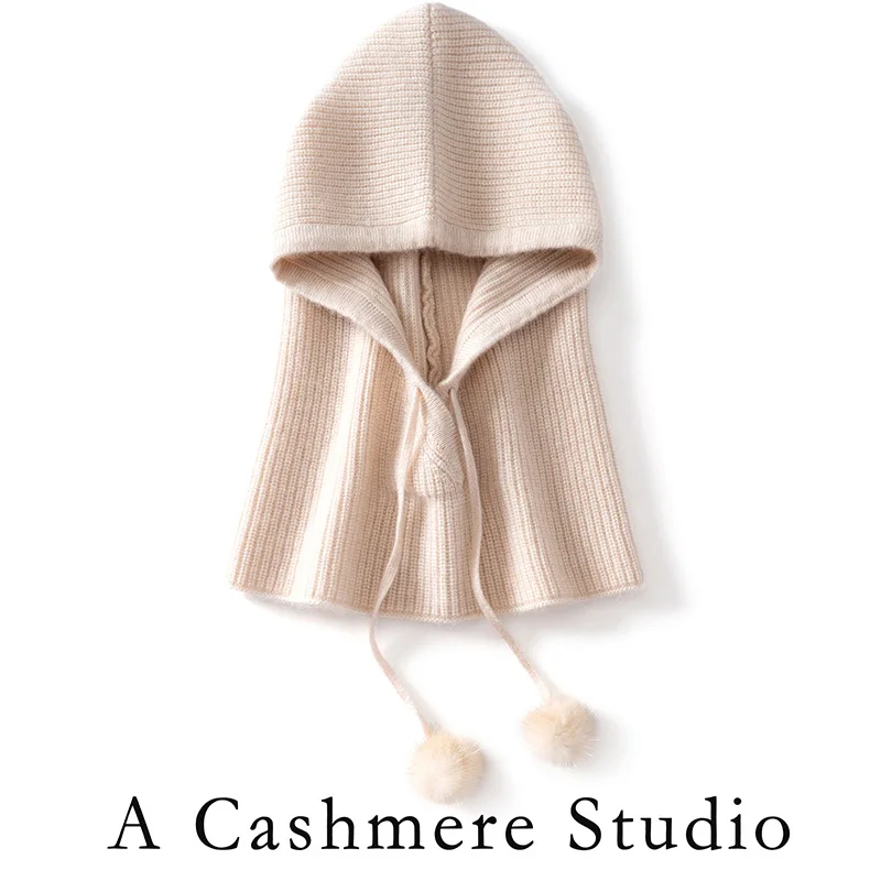 Quality Cashmere Knitted Hooded Cap Winter Balaclava Hats Women Outdoor Warmer Drawstring Hats One-Piece Neck Collar Beanies Cap