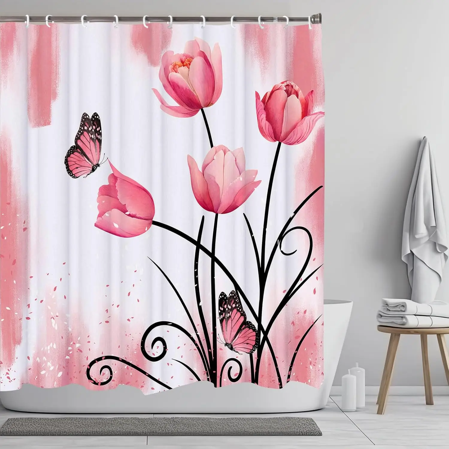 

Pink Tulip Butterfly Shower Curtain with Abstract Floral Pattern, Waterproof Fabric Bathroom Decor for Modern Home