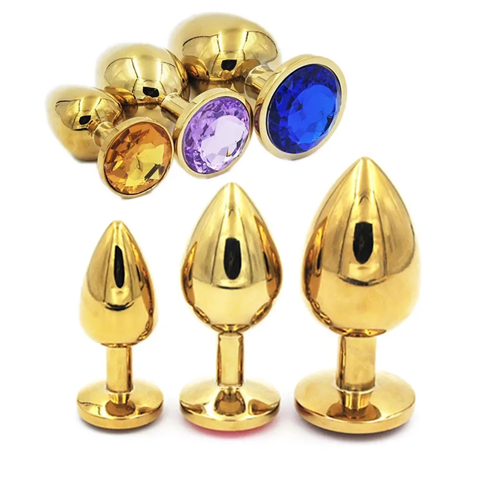 Gold Metal Butt Plugs para Casais, Plug Butt Redondo, Jóias Coloridas de Diamante, Brinquedo Adulto do Sexo, Conjunto 3Pcs