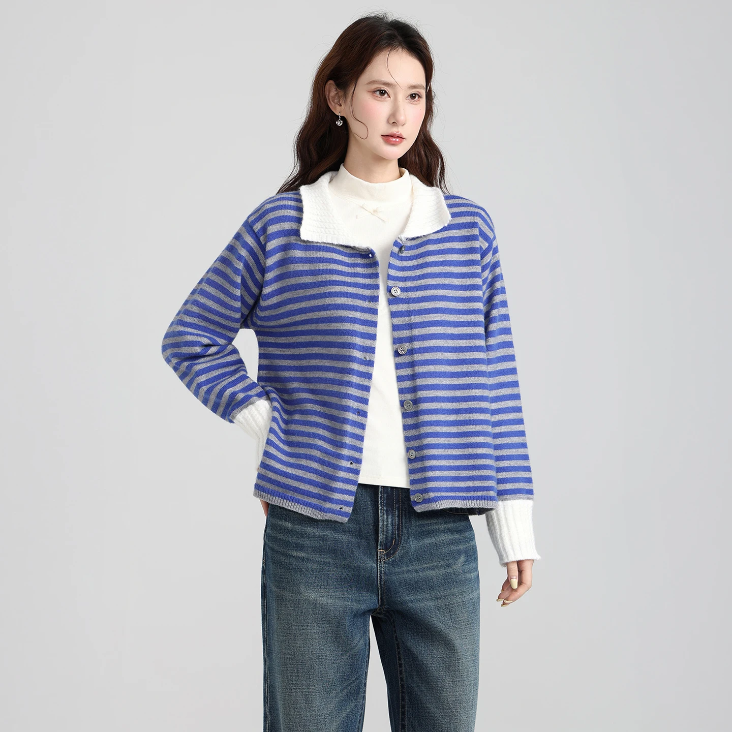 Color Blocking Striped Polo Collar Long Sleeved Knitted Cardigan for Women, Autumn Loose and Lazy Sweater Jacket