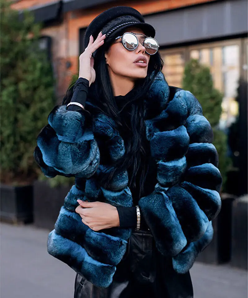 Fashion Women Blue Real Rex Rabbit Fur Coat Jackets Winter Solid Warm Stand Collar Genuine Fur Overcoat