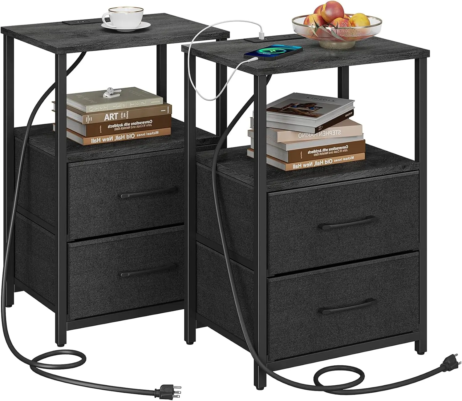 Tutotak End Table With Charging Station, Side Table With 2 Usb Ports And Outlets, Nightstand With Cloth Drawer, Set Of 2, Couch