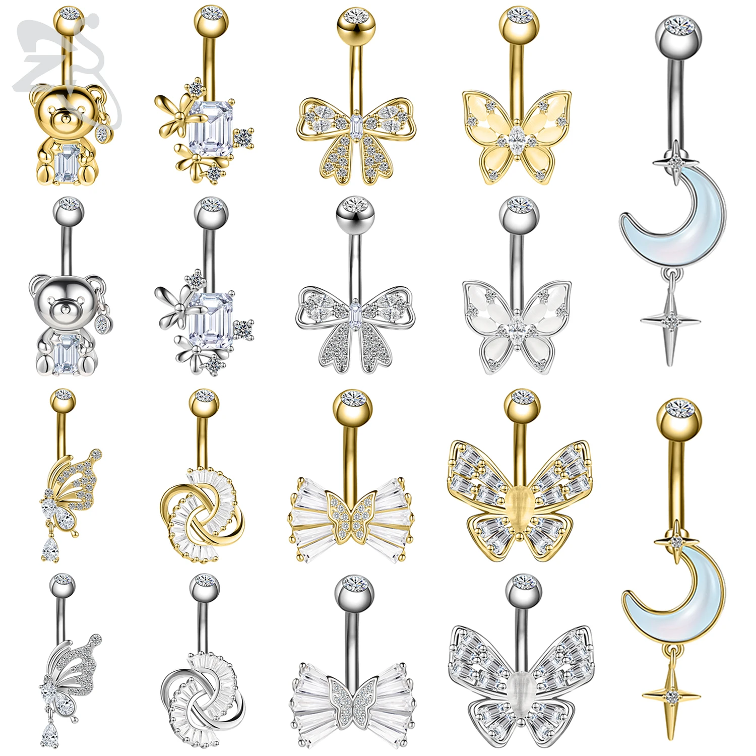 ZS 1 PC Butterfly Pendant Stainless Steel Belly Button Ring Women Girls CZ Crystal Navel Piercings Umbilical Rings Body Piercing