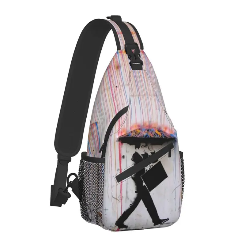 Banksy Umbrella Rainbow Sling Bag for Men Street Graffiti Pop Art Shoulder Crossbody Chest Backpack Travel Hiking Daypack