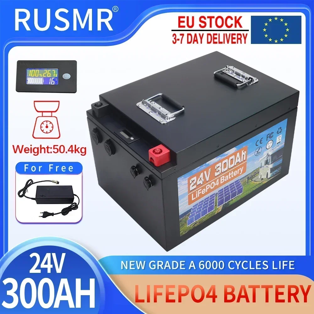 New 24V 300Ah LiFePO4 Battery Built-in BMS Lithium Iron Phosphate Cells Pack 6000 Cycles For RV Campers Golf Cart Solar Storage