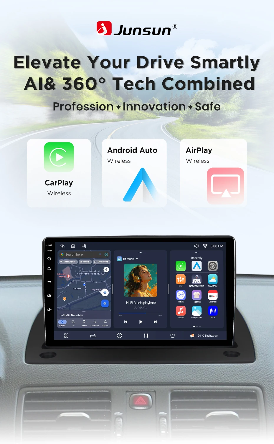 Junsun Android 15 Auto-Intelligentes System für VOLVO XC90 MK1 275 2004-2013, kabelloses CarPlay für Apple Auto, 9" – Detail 4