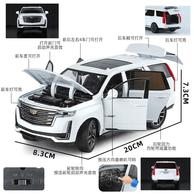 1:24 Cadillac Escalade SUV Alloy Car Diecast Metal Model Sound & Light Desktop Collection Decorative Gift Boys Display Ornament