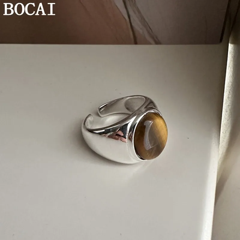BOCAI S925 Silver Ring for Men Women Fine Jewelry Simple And Fashionable Niche Design Tiger Eye Stone Ring