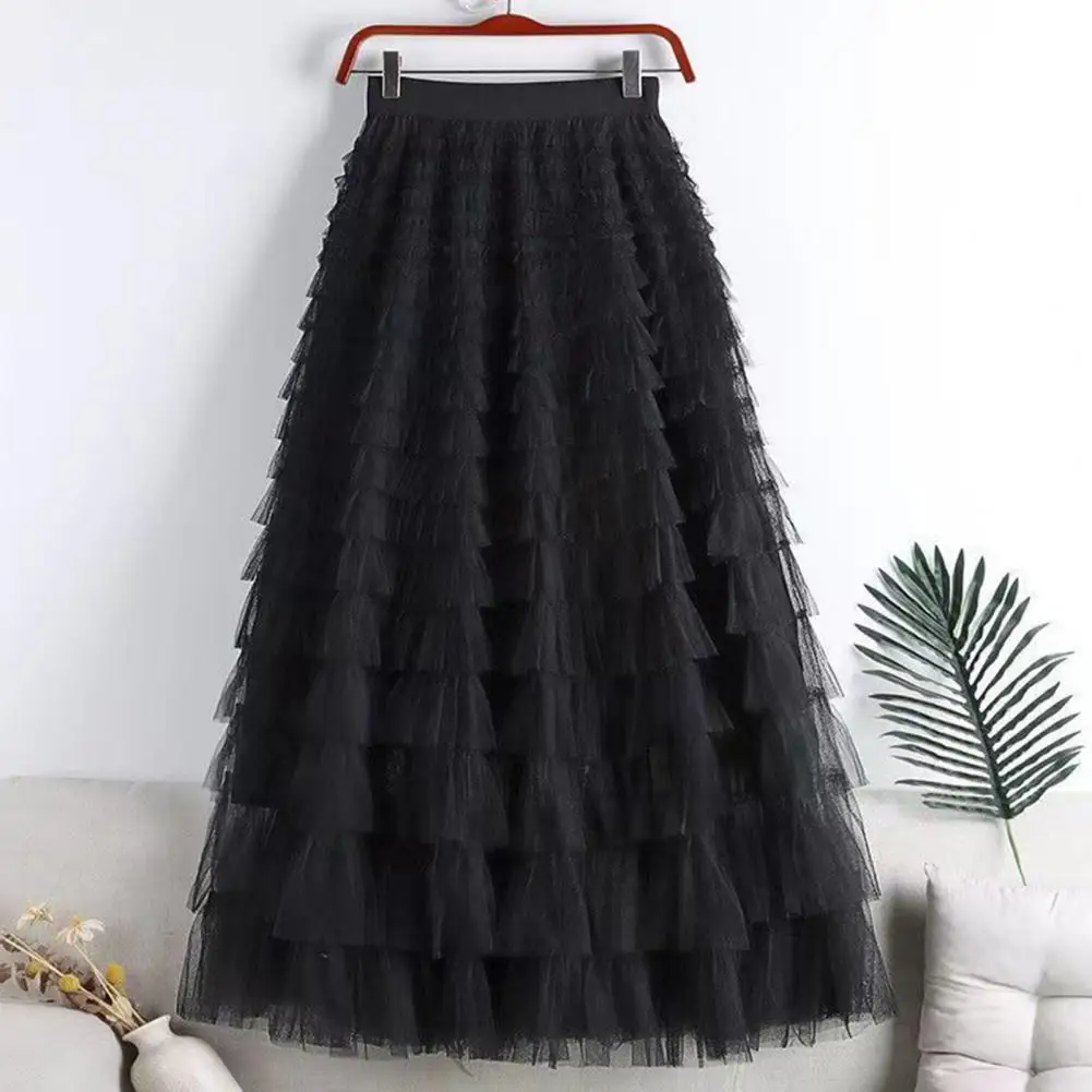 

Mesh Splicing Skirt Elegant Multi-layer A-line Skirt with Elastic High Waist Solid Color Long Skirt for Women Gauze Mesh