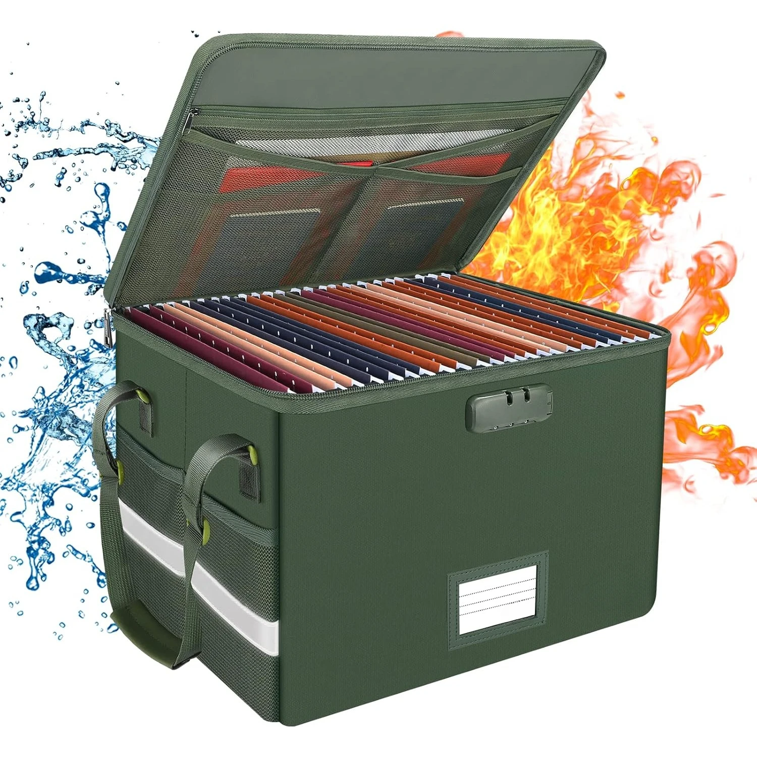 

File Box with Lock, Fireproof Document Box with Zipper Lid,Collapsible File Storage Organizer Filing Cabinet with Handle, Green