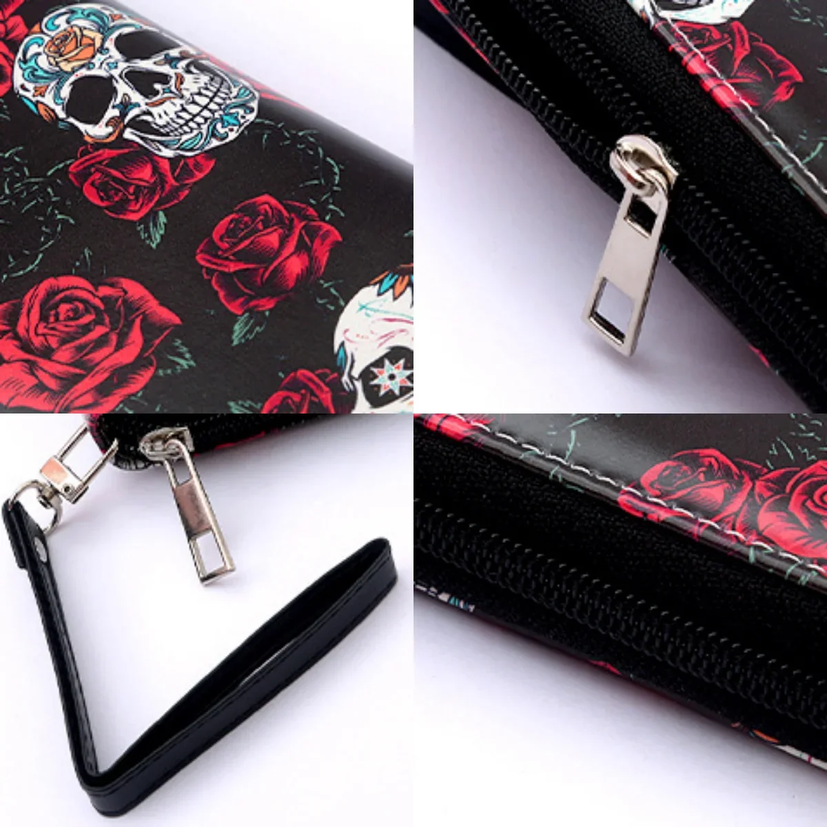 Wallet Color Rose Skull Long Wallet, Retro Skull Print Women\'s Clutch, Zipper Position Randomly