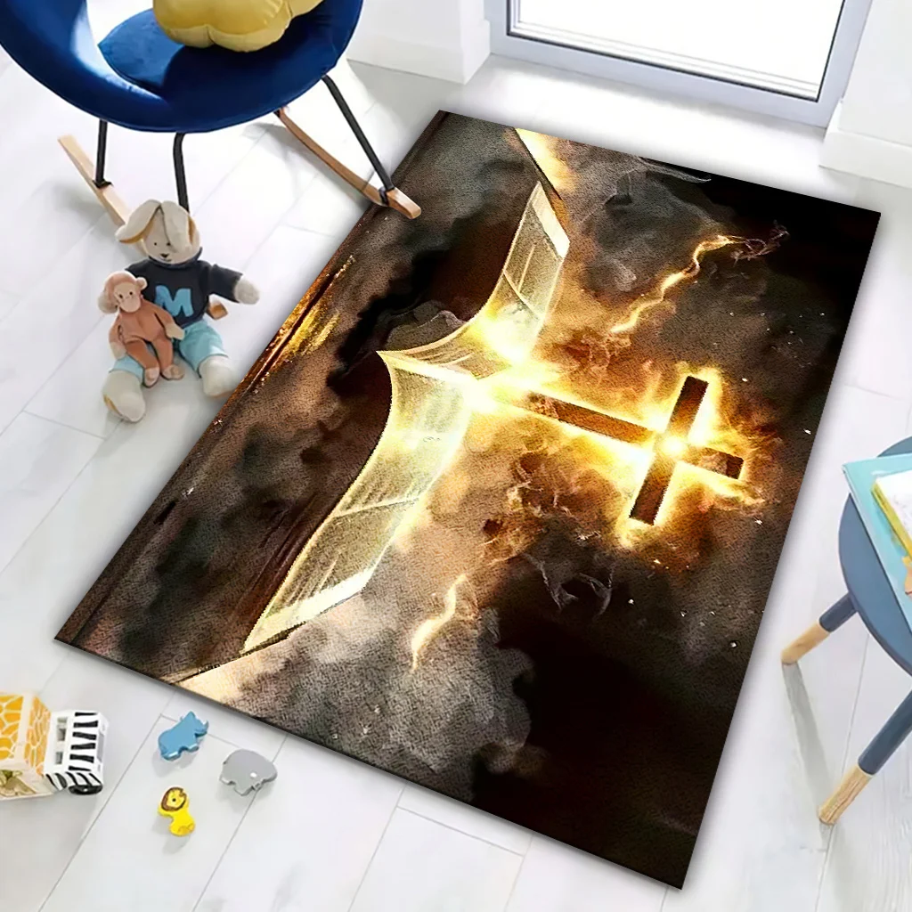 Cross Holy Book Pattern Area Rug, Durable Washable Easy‑Clean Floor Decor, Versatile Home Ornament for Living Room, Bedroom